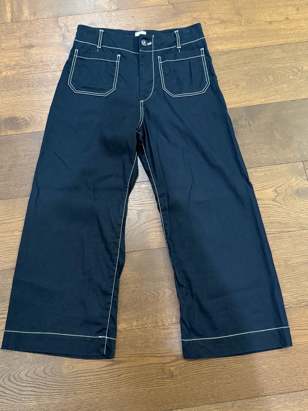 Maeve The Colette Navy Wide-Leg Crop Pants with White Topstitch